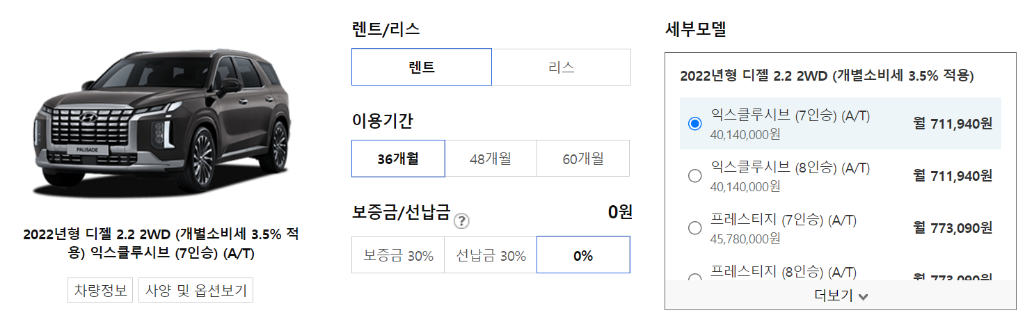 팰리세이드 장기렌트 가격