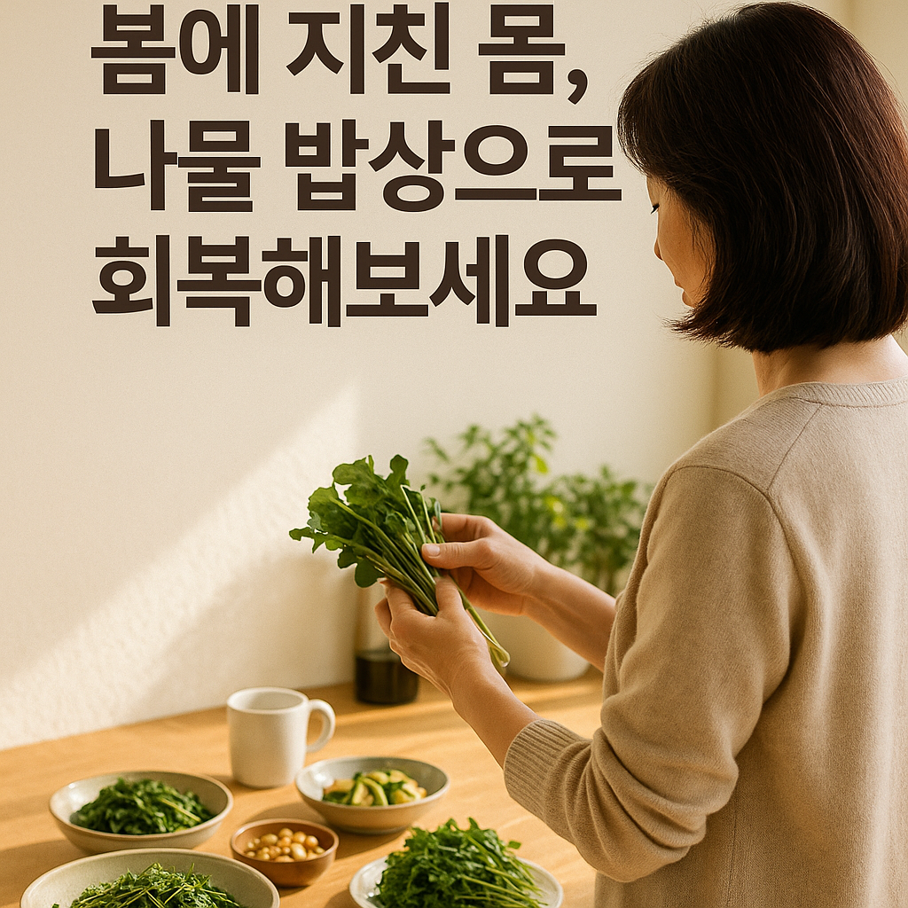 봄철 피로회복 나물을 손질하는 중년 여성
