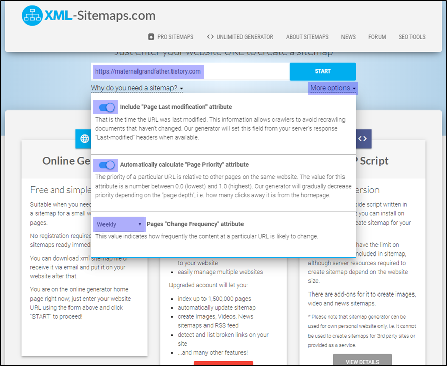 XML-Sitemaps Generator 옵션설정