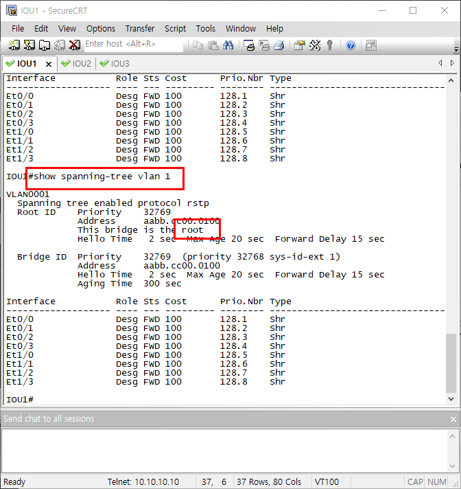 다른 스위치도 spanning tree 확인