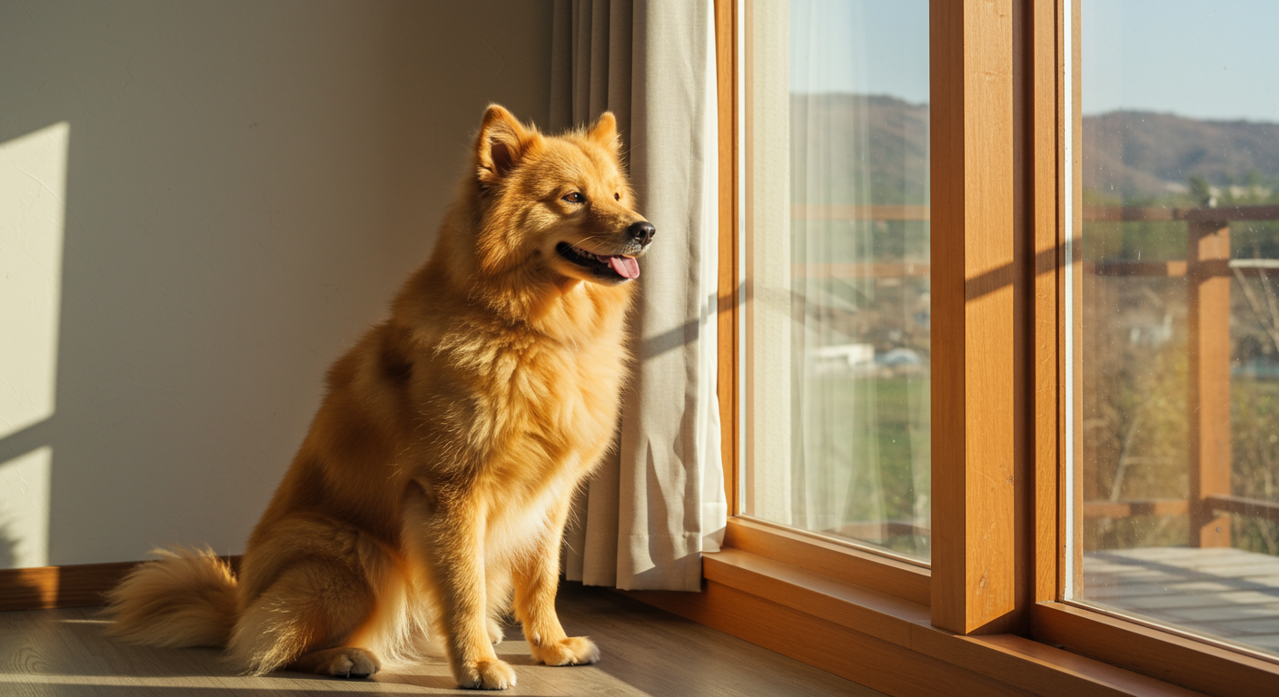 dog by window with beautiful natural light streaming in