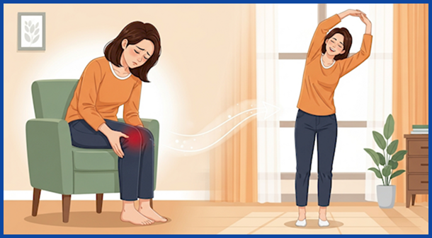 50대 한국 여성이 요가 전후의 변화를 통해 통증 완화와 활력 증진을 경험하는 모습, 50대 요가 효과.