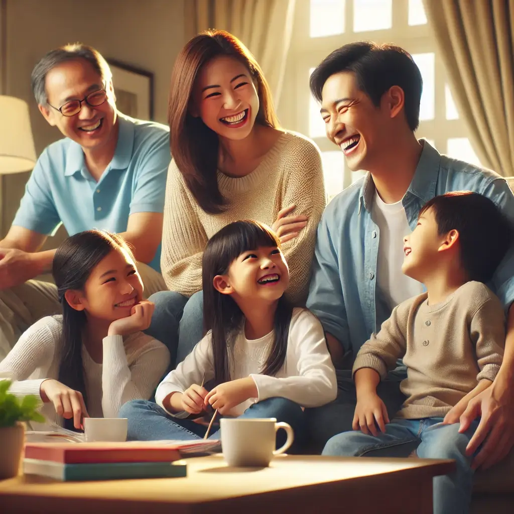 건강한 삶이 건강한 가정을 지킨다는 의미로 조기 건강 검진의 중요성을 상징하는 이미지. 가족이 밝고 아늑한 거실에서 함께 웃고 있는 행복한 장면.