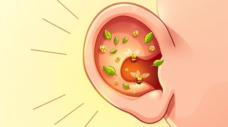 귀 내부에서 바스락거리는 소리와 윙윙거리는 소리를 나타내는 만화 스타일 삽화