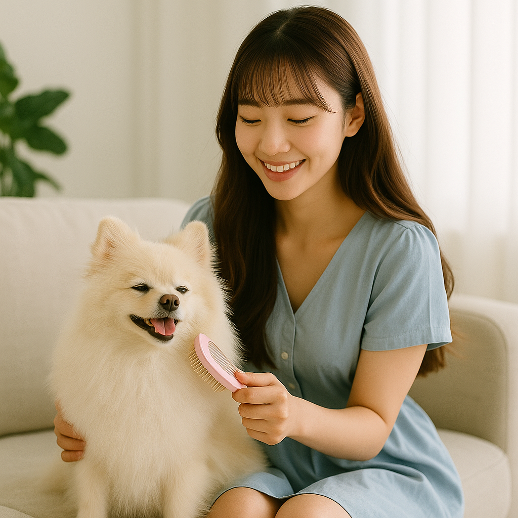 하늘색 원피스를 입은 보호자가 포메라니안을 빗질하며 웃고 있는 모습