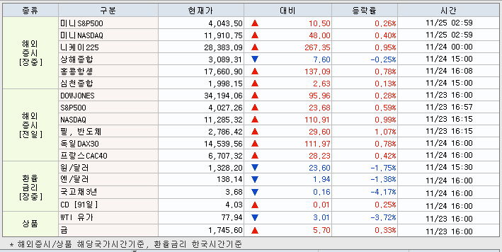 11.25 해외증시 동향