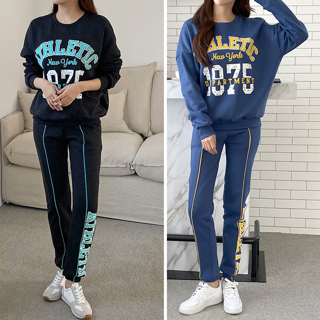  안감기모 맨투맨 컬러콤비 레터링 센터라인 조거팬츠 바지 세트