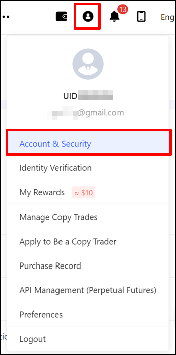 사람모양 아이콘을 누르면 나타나는 메뉴&#44; Account & Security 버튼을 강조