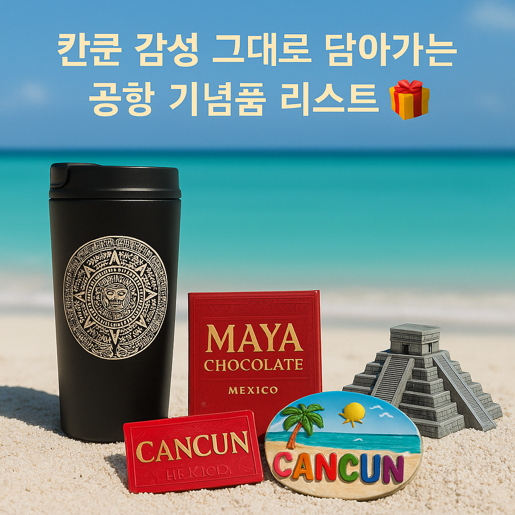 칸쿤 바다+기념품 콜라주&rdquo; 스타일 이미지 구성: 푸른 바다 &amp; 하얀 모래사장 위에 놓인 마야 문양 텀블러&middot;초콜릿&middot;마그넷 등 기념품