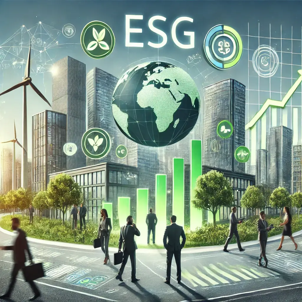 ESG라는 텍스트가 쓰여 있고, 녹색 배경 위에 지구본, 현대적인 도시, 다양한 사람들, 풍력 발전기, 그리고 증가하는 그래프가 어우러진 이미지