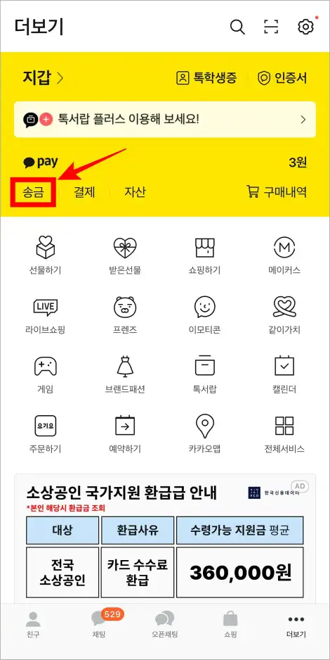 카카오톡의 더보기에서 '송금'을 선택