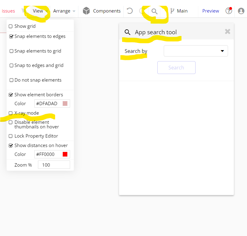 x-ray모드 , 앱 서치 모드
