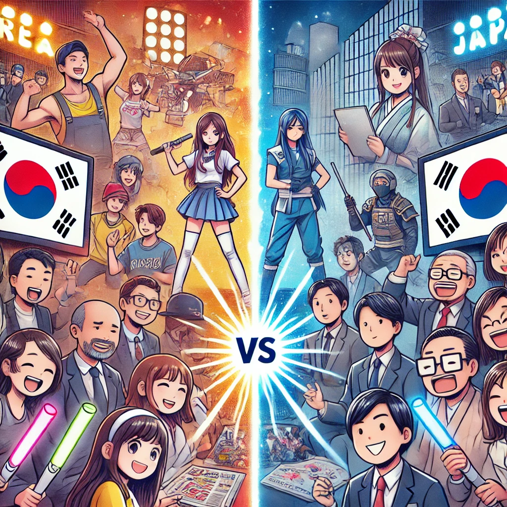 한국과 일본의 엔터테인먼트 문화 비교, 좌측 한국 K-POP 콘서트, 우측 일본 J-POP 공연, 한국 드라마 감정씬, 일본 애니메이션 장면, 한국 예능과 일본 게임쇼 차이, 팬 문화의 차이점, K-POP과 J-POP의 스타일 비교, 한국과 일본 대중문화 트렌드, 한류와 일본 오타쿠 문화 비교
