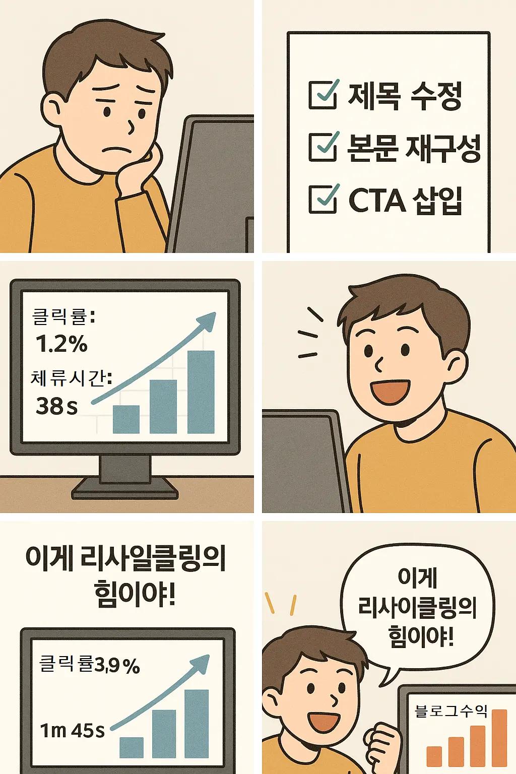 블로그 콘텐츠를 리사이클링한 전후의 클릭률과 체류 시간 차이를 보여주는 전환 성공 사례
