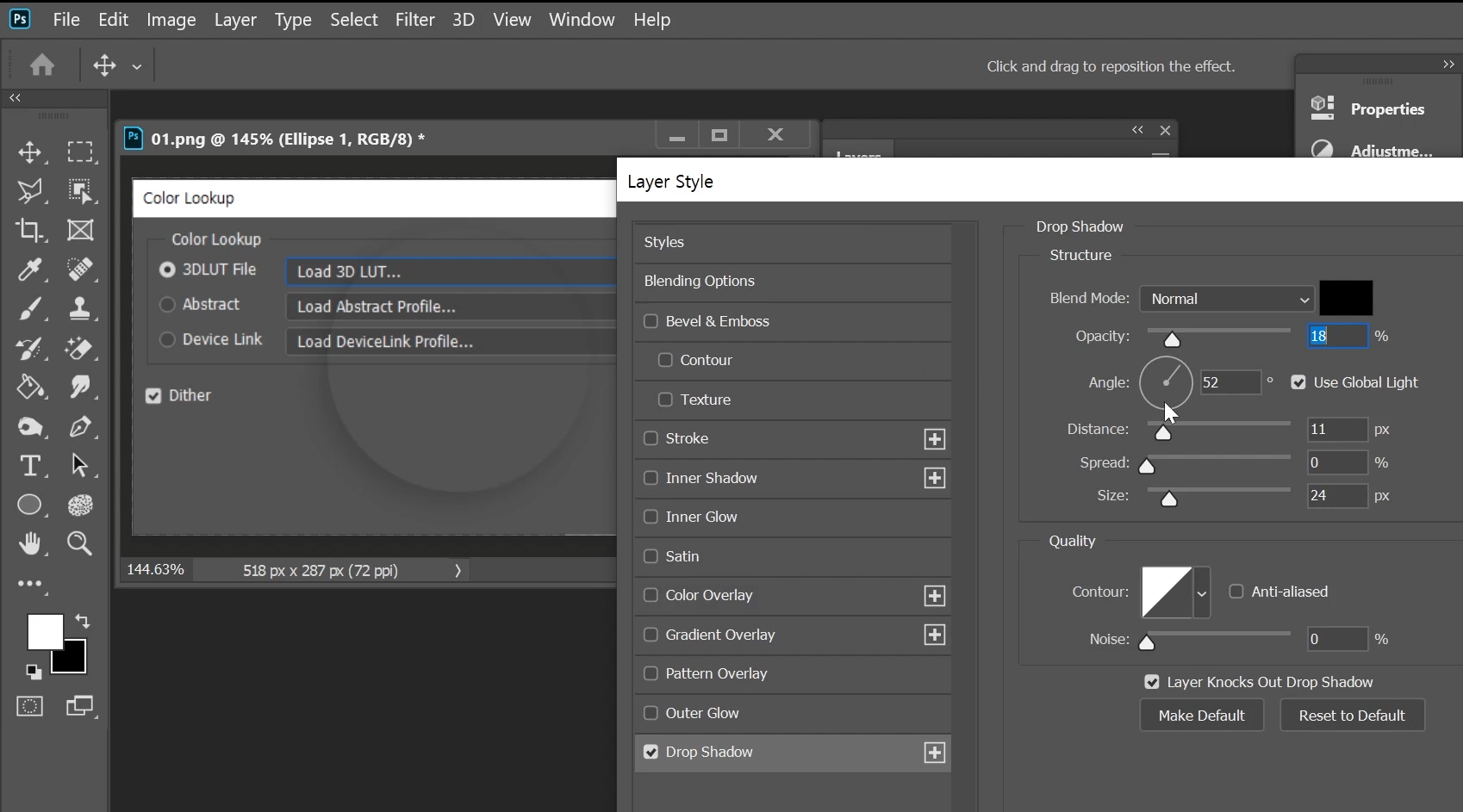 레이어 fx > Drop Shadow에 들어가서 그림자 효과