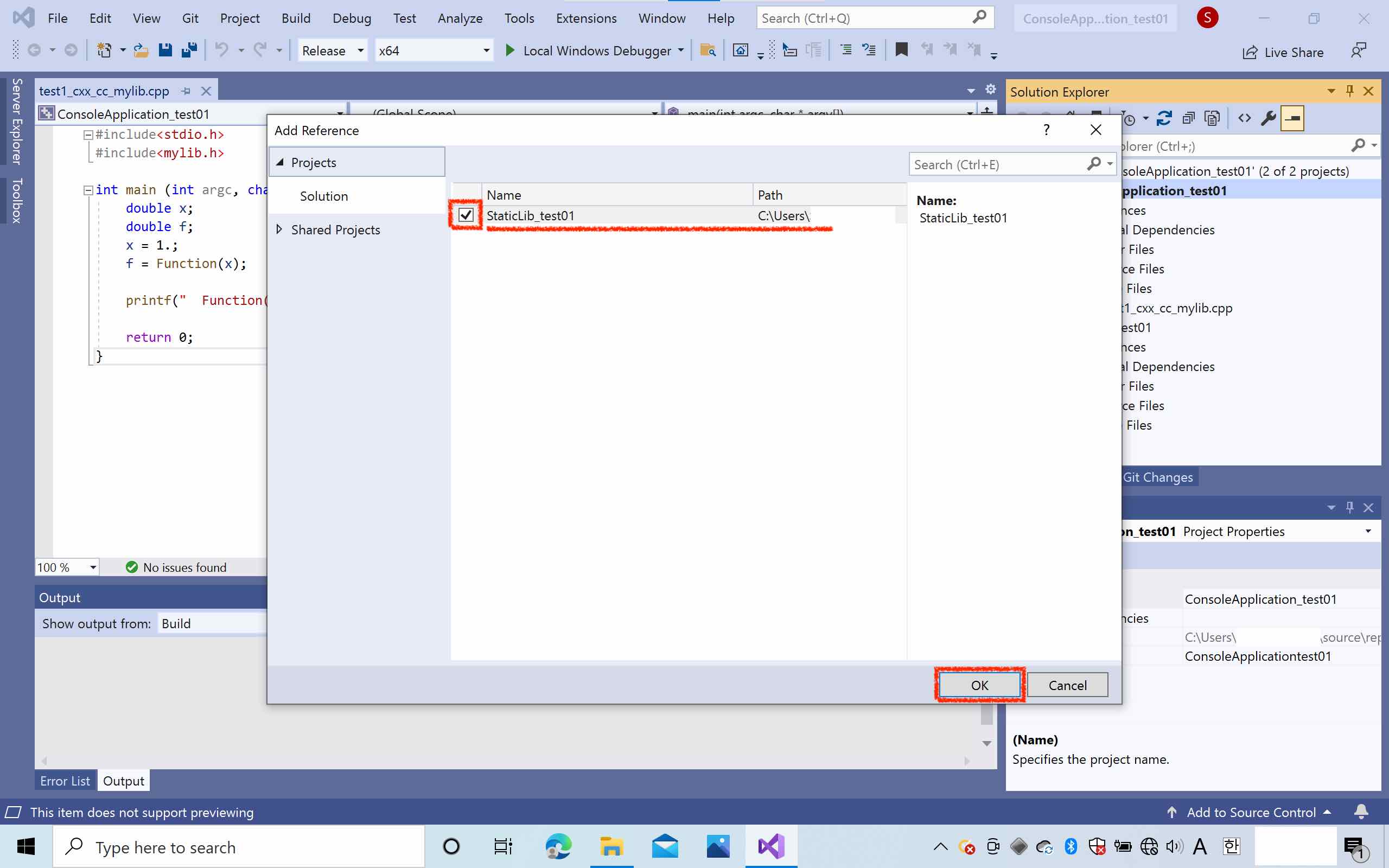 screenshot of Visual Studio Community 2019, showing addition of refernce to the static library