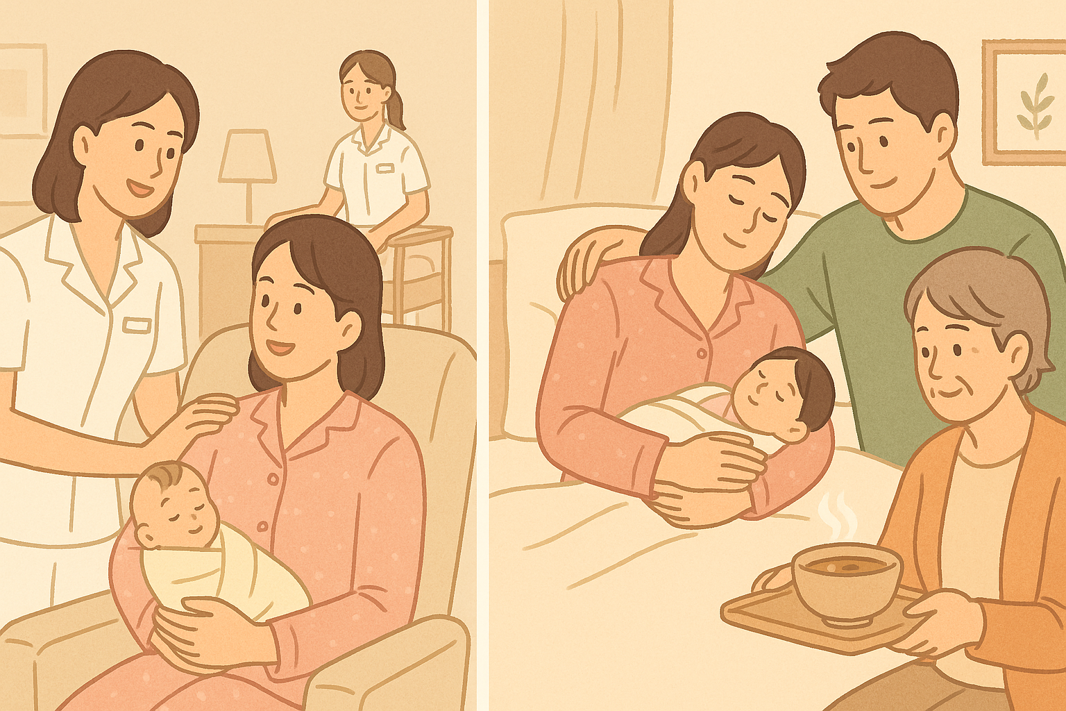 산후조리원과 가정 산후조리를 나란히 비교한 일러스트 이미지