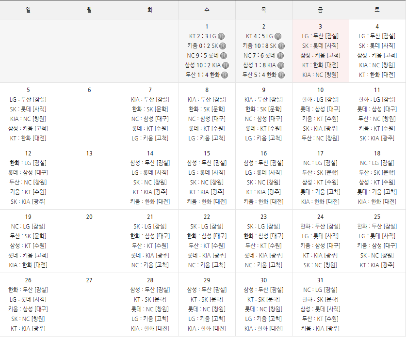  2019 KBO 프로야구 5월 일정표