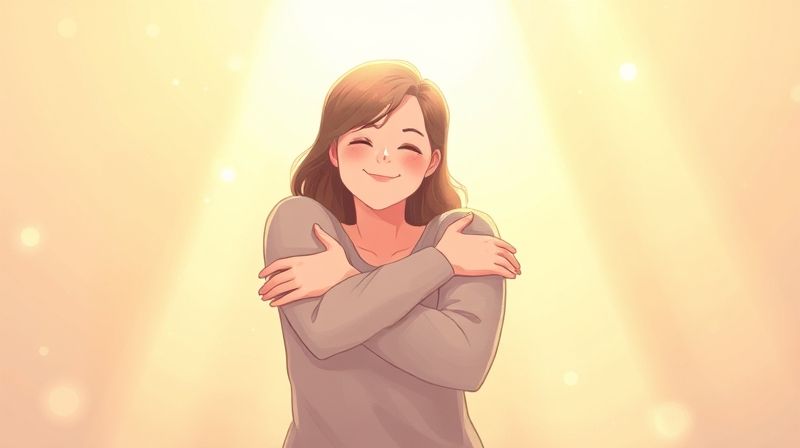 자신의 몸을 부드럽게 감싸 안으며 미소 짓는 사람의 그림