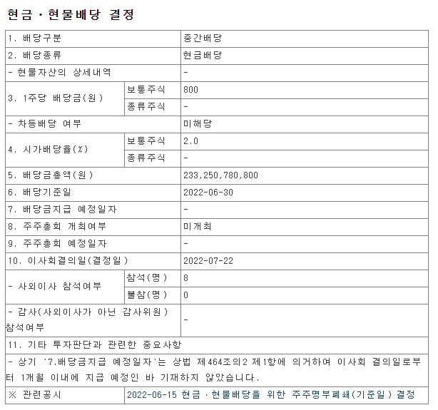 하나금융지주 중간배당금 8월 지급일