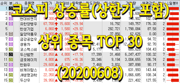  코스피/코스닥 상승률 상위(상한가 포함) 종목 TOP 30 (0608) - 일양약품, 한성기업, 이지홀딩스, 라이프플렉스 등
