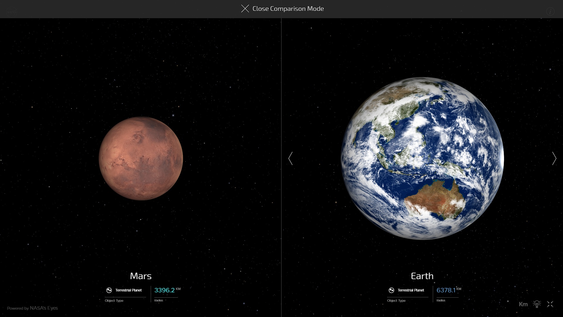 화성과 지구의 크기 비교