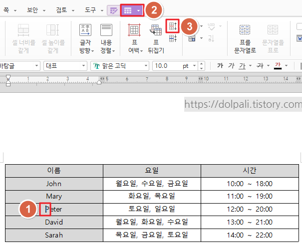  한글 표 나누기/붙이기, 보호되어 수정되지 않는 표 수정하기, 높이(너비) 맞추기