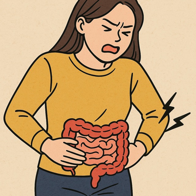 여성이 복부를 움켜쥐고 불편한 표정을 짓고 있는 모습