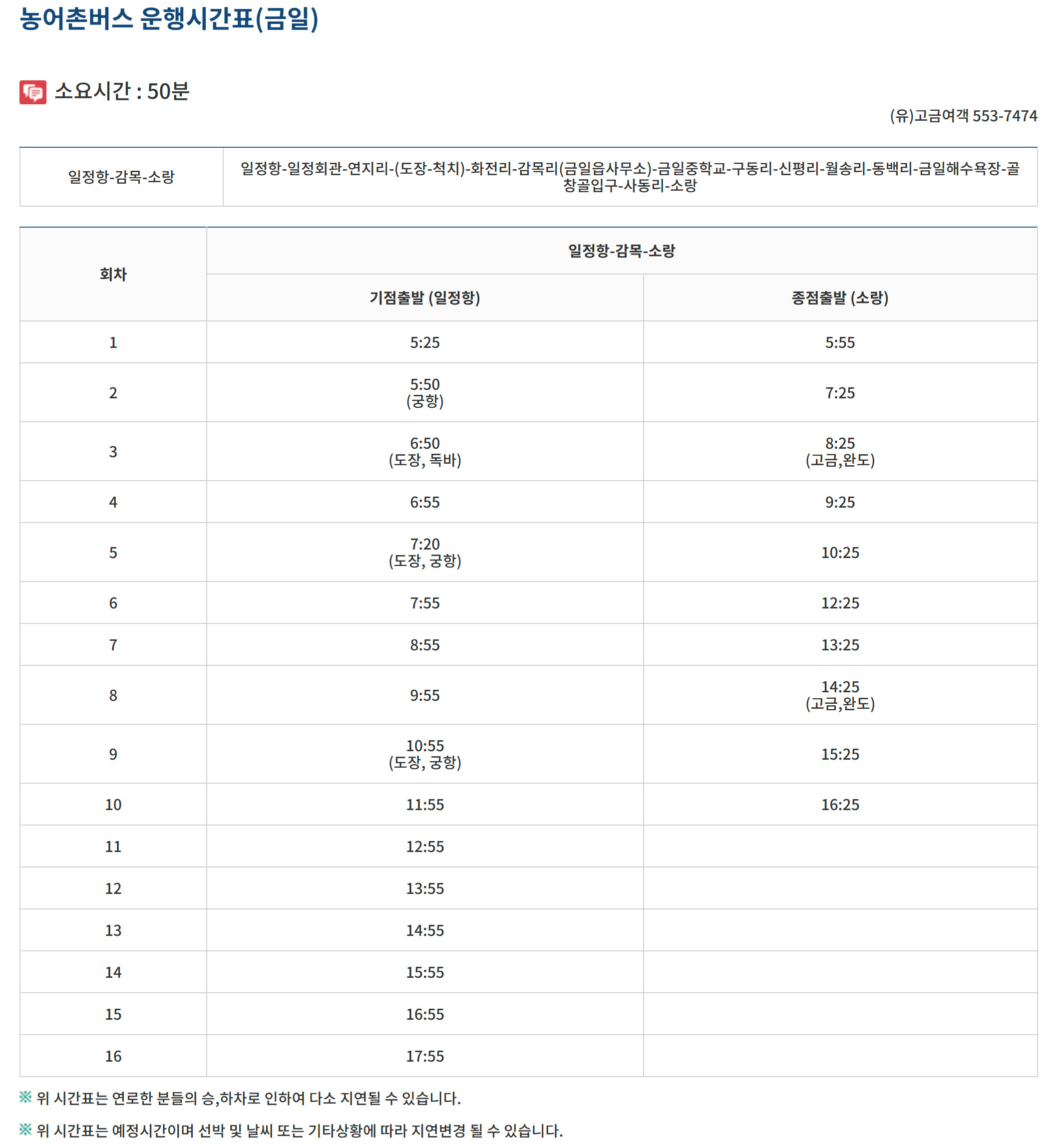 금일 일정항-감목-소랑 버스 시간표, 요금표, 운행주기 알아볼까요?