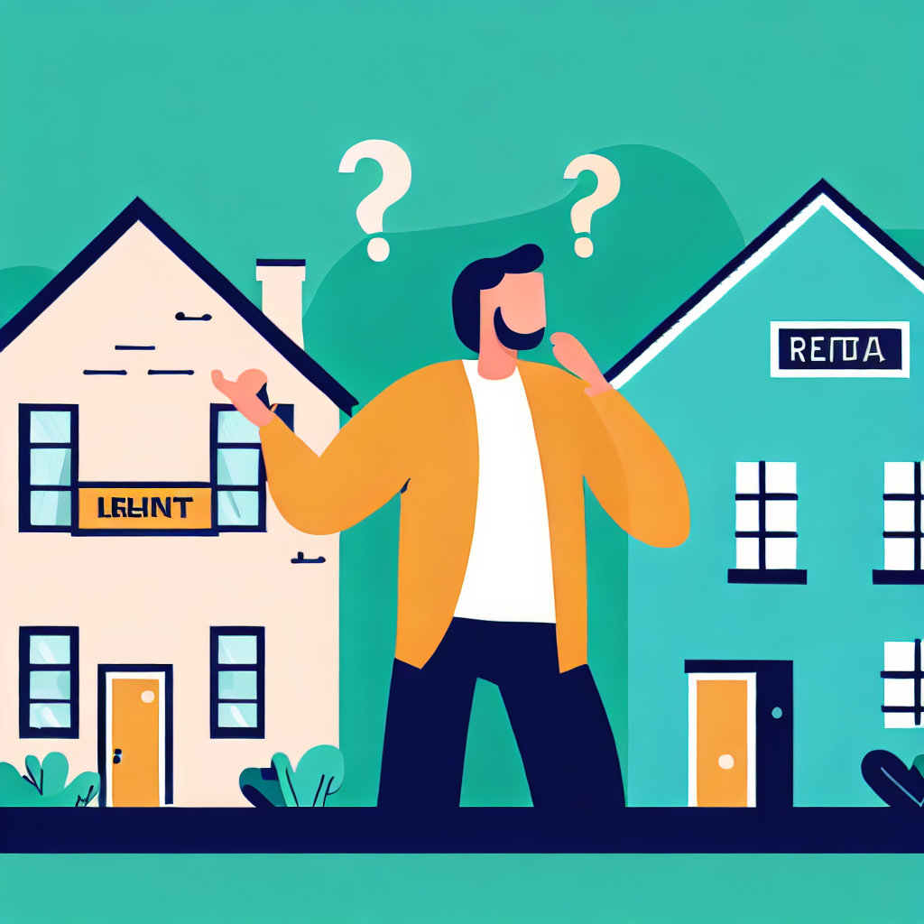 Flat vector style illustration of a man choosing between buying a house and renting.