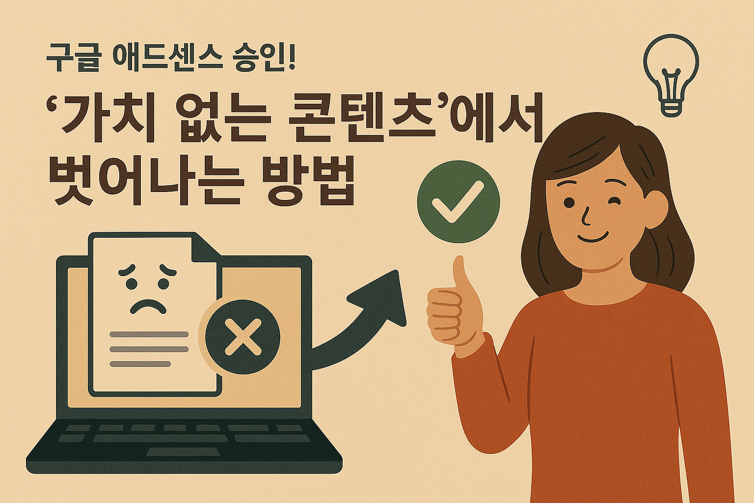 구글 애드센스 승인과 '가치 있는 콘텐츠' 작성을 주제로 한 일러스트. 노트북 화면에는 승인 완료 아이콘과 체크 마크가 표시되어 있고, 주변에는 콘텐츠 기획, 글쓰기, 키워드 분석을 상징하는 아이콘들이 배치되어 있다. 따뜻한 베이지 톤의 배경에 부드러운 색감으로 표현된 평면 스타일의 디지털 일러스트