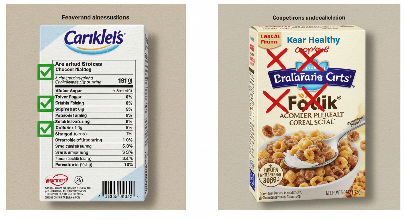 Image Prompt: &quot;A side-by-side comparison of two similar food products (e.g., two different brands of yogurt or cereal boxes). One label is highlighted with green checkmarks indicating healthier choices (low sugar, simple ingredients), while the other is highlighted with red X's indicating less healthy aspects (high sugar, many additives). Clear, comparative, practical application. - English: A side-by-side comparison of two similar food products (e.g., two different brands of yogurt or cereal boxes). One label is highlighted with green checkmarks indicating healthier choices (low sugar, simple ingredients), while the other is highlighted with red X's indicating less healthy aspects (high sugar, many additives). Clear, comparative, practical application.&quot;