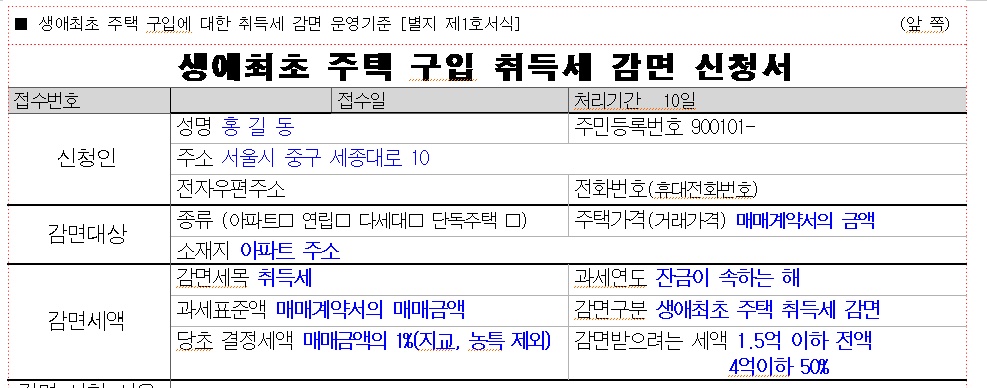 생애최초 주택 구입 취득세 감면 신청서 앞면 작성 예시