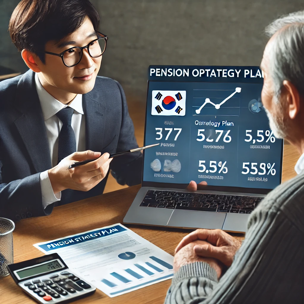 연금 최적화 전략을 상담하는 중년 고객과 금융 전문가 