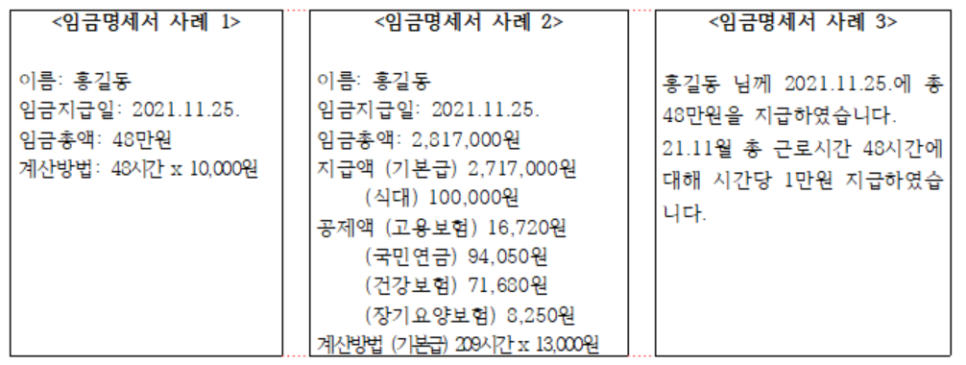 임금명세서 작성사례