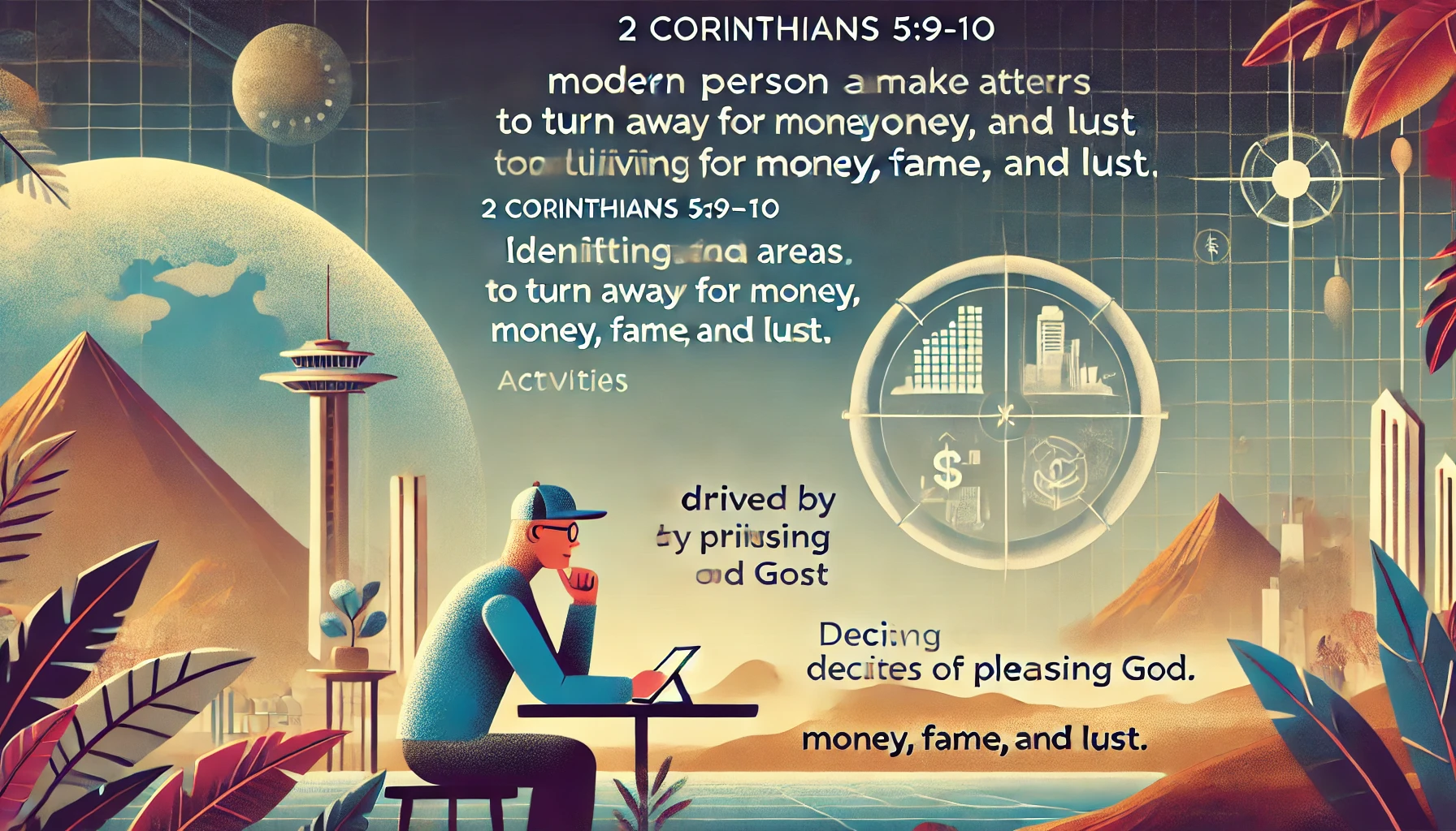 Here is the illustration showing a modern person inspired by 2 Corinthians 5:9-10&amp;#44; reflecting on their actions and making efforts to turn away from living for money&amp;#44; fame&amp;#44; and lust. The scenes depict the person contemplating their life choices&amp;#44; identifying areas driven by sinful desires&amp;#44; and actively trying to change. Activities include prayer and reflection&amp;#44; deciding to focus on pleasing God instead of pursuing worldly gains. The environment features a serene space for contemplation and a symbolic act of turning away from material pursuits&amp;#44; such as discarding items that represent money&amp;#44; fame&amp;#44; and lust&amp;#44; conveying repentance&amp;#44; determination&amp;#44; and spiritual growth.