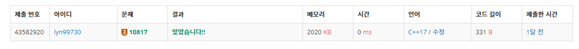 백준 BOJ 10817번 세 수 문제 C++ 제출 결과