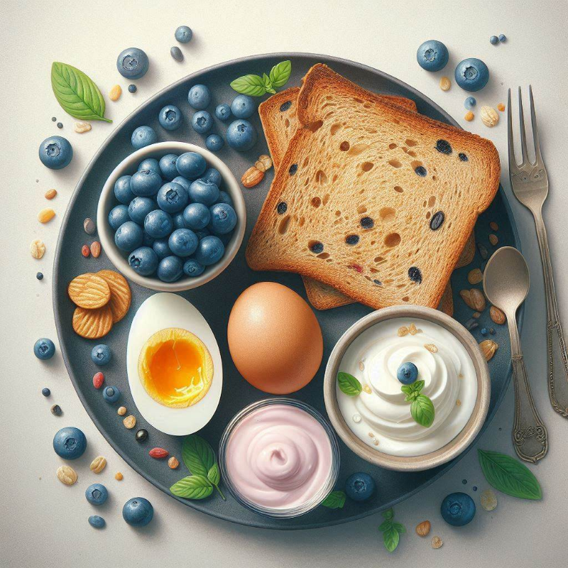 통밀 토스트 한 조각, 삶은 달걀, 블루베리 한 줌, 무가당 요거트