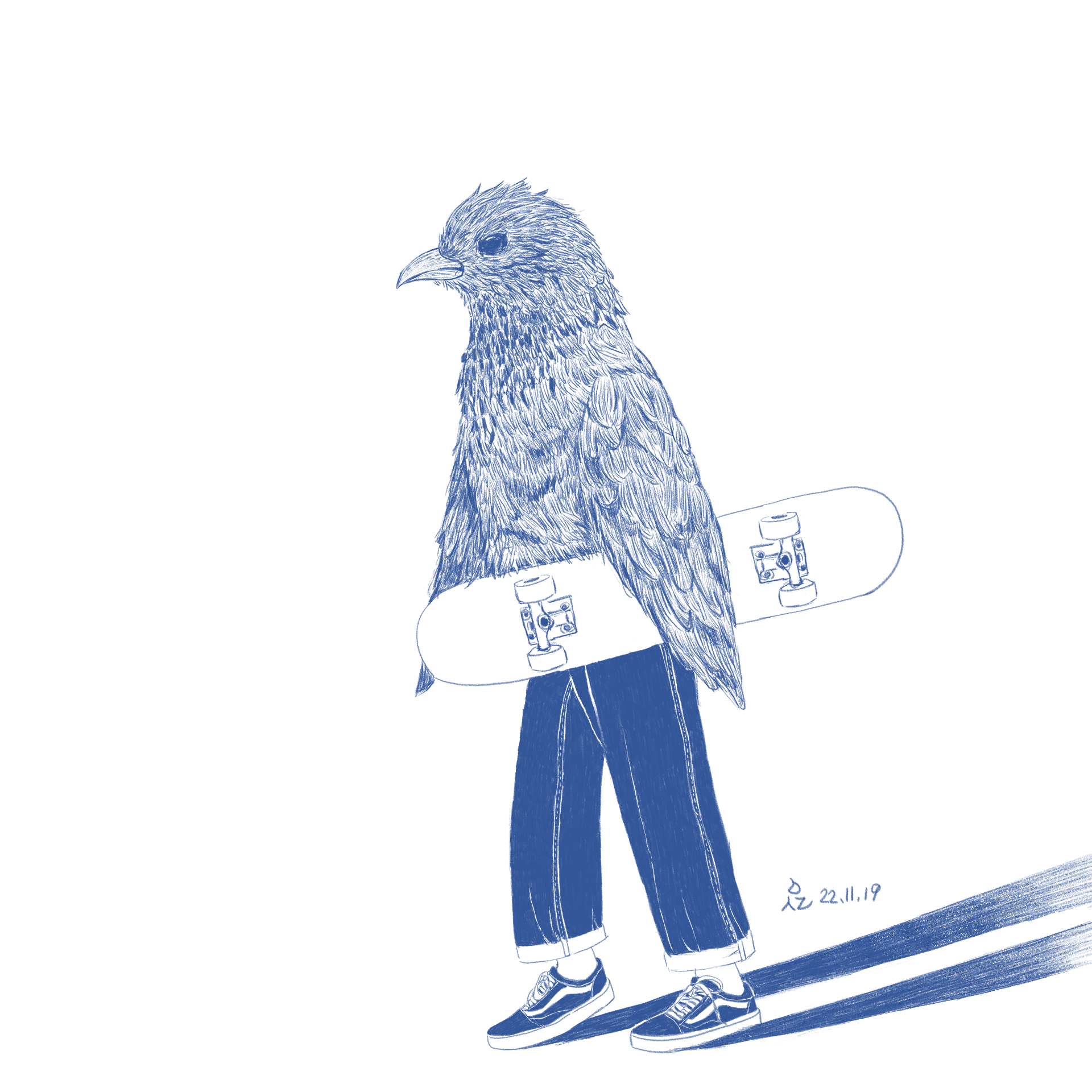 상체는 파랑새&#44; 하체는 사람이 스케이트 보드를 들고 있는 색연필화.
