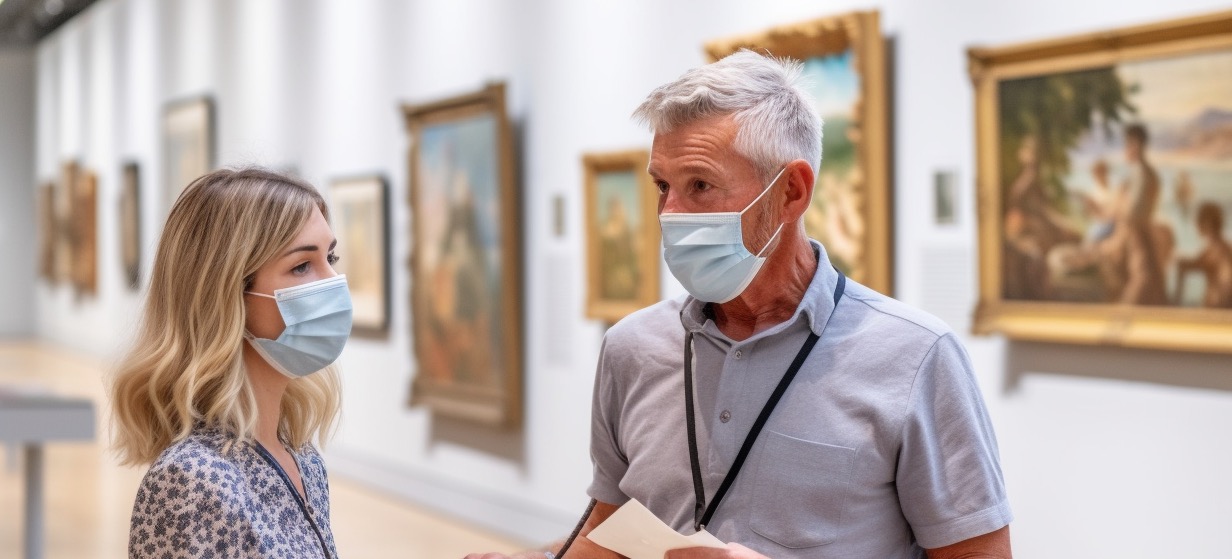 A-visitor-and-a-guide-are-talking-about-a-painting-in-a-local-museum