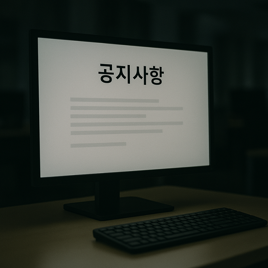 사무실 모니터에 띄워진 차가운 느낌의 공지사항. 문제의 본질을 외면한 채 자신의 이득만 챙기는 관리자의 위선을 상징.