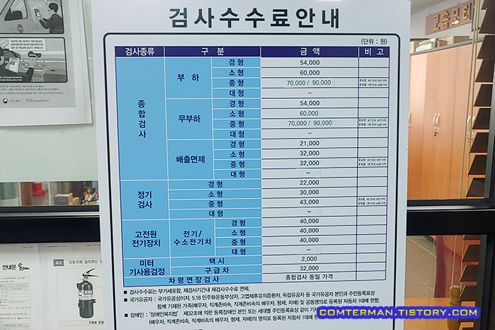 대전 고속모터스 자동차검사 요금표