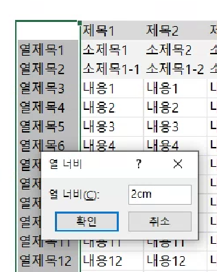 열 너비 대화 상자에서 원하는 크기를 입력합니다.