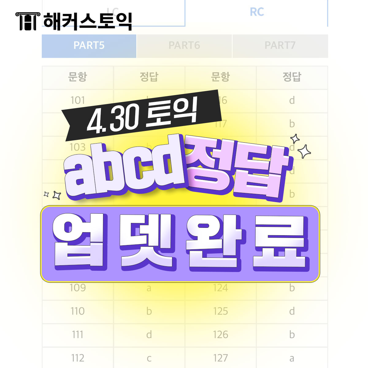  4월 30일 토익 abcd 정답 업뎃완료!