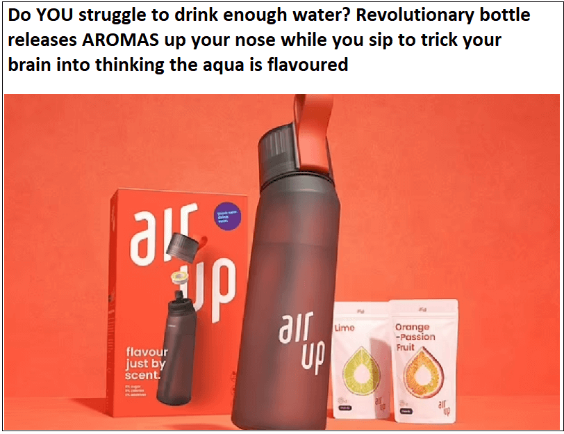  물을 많이 마실 수 있게 하는 물병  VIDEO:Do YOU struggle to drink enough water? Revolutionary bottle releases AROMAS up your nose..