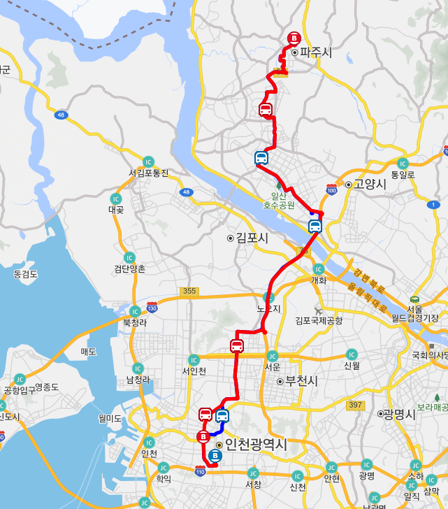  인천 3000번버스 노선, 시간표 : 인천종합터미널, 부평역, 경인교대, 킨텍스, 파주 금촌역