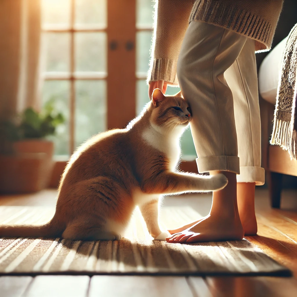 다리에 몸을 비비는 고양이 사진