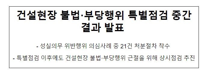  건설현장 불법·부당행위 특별점검 중간결과 발표