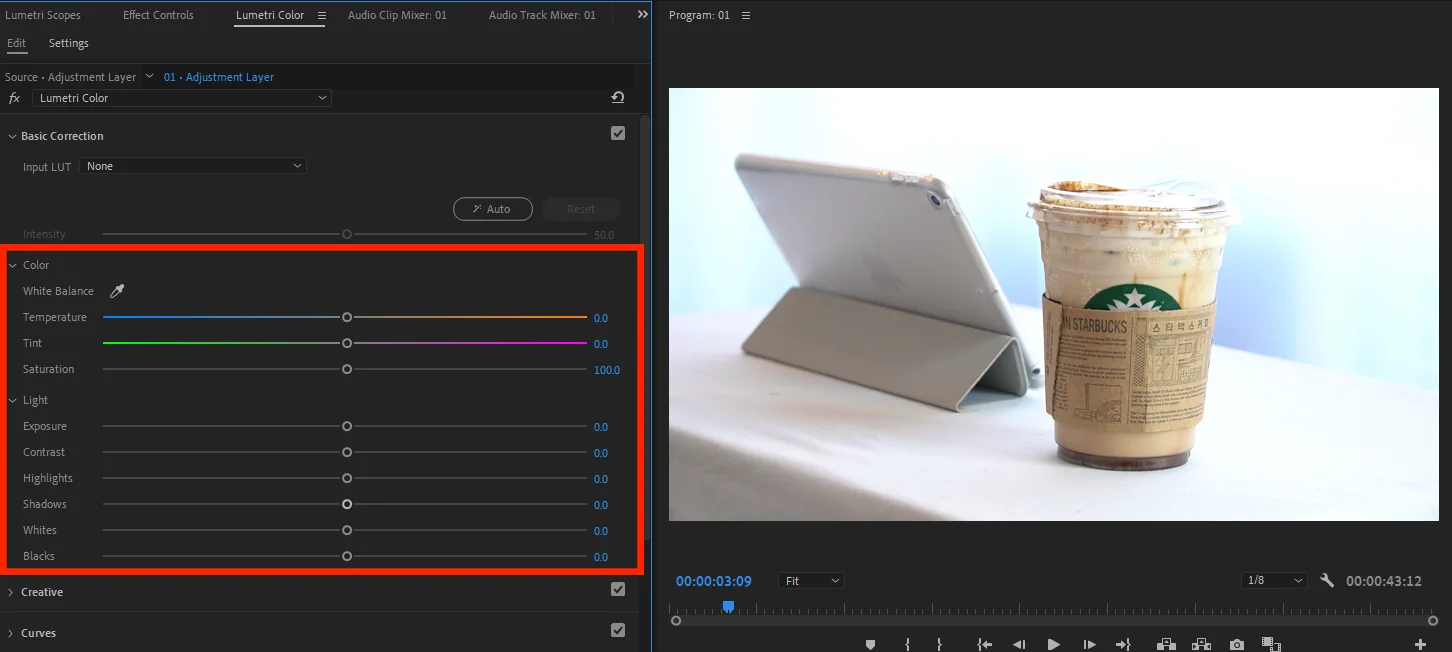 프리미어 프로의 lumetri color로 색 보정을 하는 모습