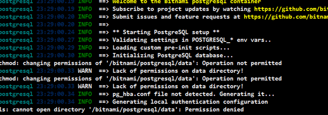 docker bitnami/postgresql/data : permission denied